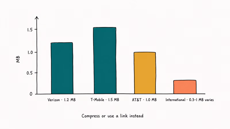 Hand-drawn bar chart showing MMS size limits per US carrier Verizon, T-Mobile, AT and T, and international ranges.