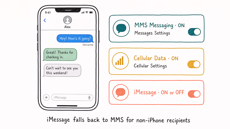 Hand-drawn iPhone with three settings toggles for MMS Messaging, Cellular Data, and iMessage with fallback caption.