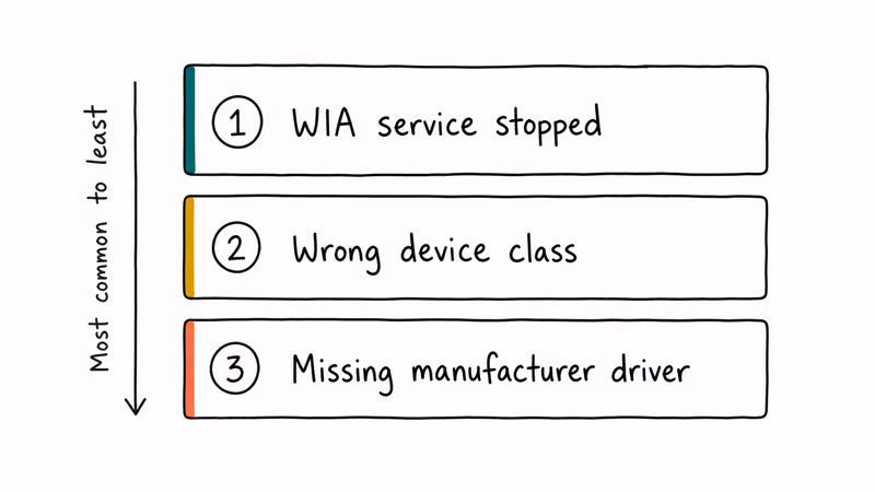 Three ranked causes of the WIA driver error from stopped service to wrong device class to missing manufacturer