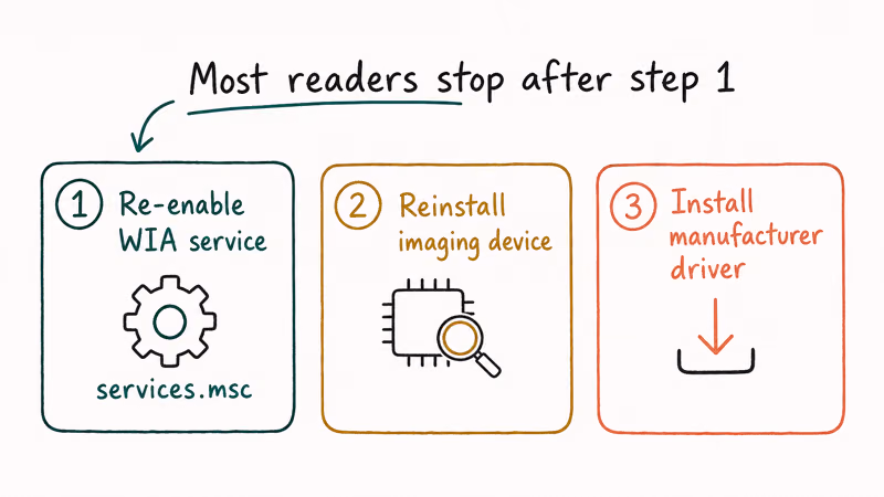 Three-step WIA error fix ladder from re-enabling the service to reinstalling the imaging device to manufacturer driver install