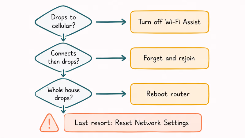 Vertical flowchart mapping Wi-Fi dropout symptoms to ordered fixes from Wi-Fi Assist to network reset