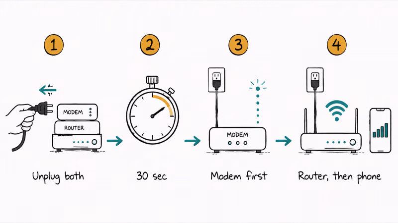 Four-step sequence to power cycle a modem first then router for dropping Wi-Fi