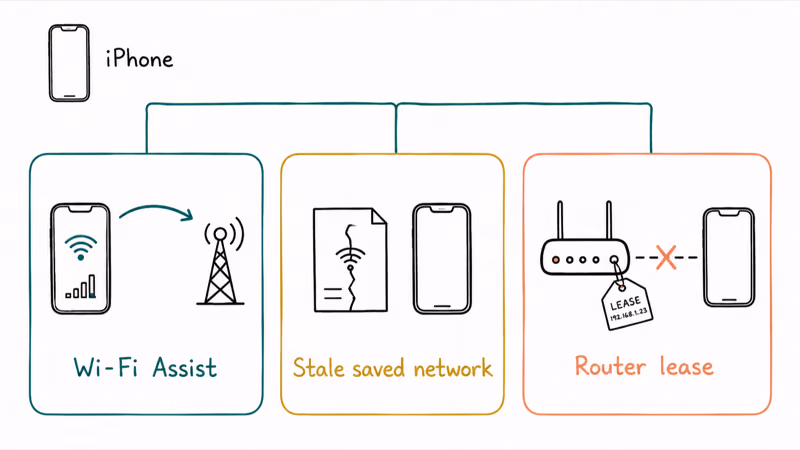 Three-panel diagram showing Wi-Fi Assist, stale network record, and router lease causes of dropping