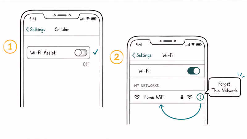 Two iPhone settings panels showing Wi-Fi Assist turned off and forgetting then rejoining the network