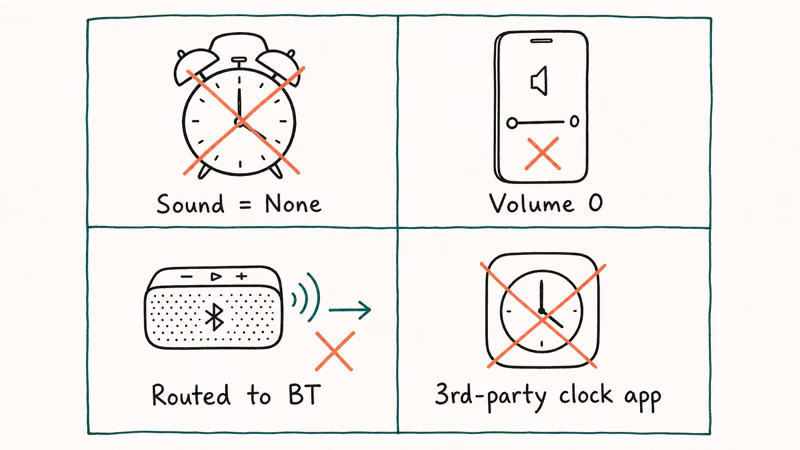 Hand-drawn 2x2 chart of four cases when phone alarms fail under DND including sound none volume zero Bluetooth