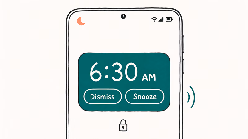 Hand-drawn Android lock screen with a 6:30 AM alarm card ringing while the DND status bar icon is