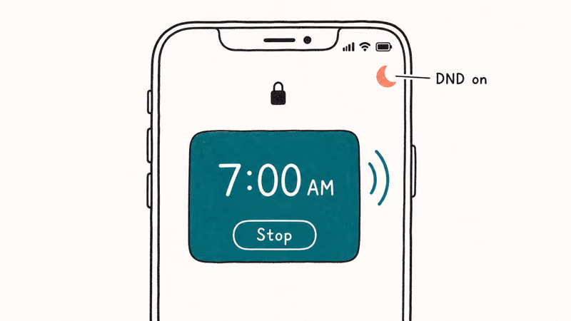 Hand-drawn iPhone lock screen showing a 7 AM alarm card ringing while the DND moon icon is enabled.