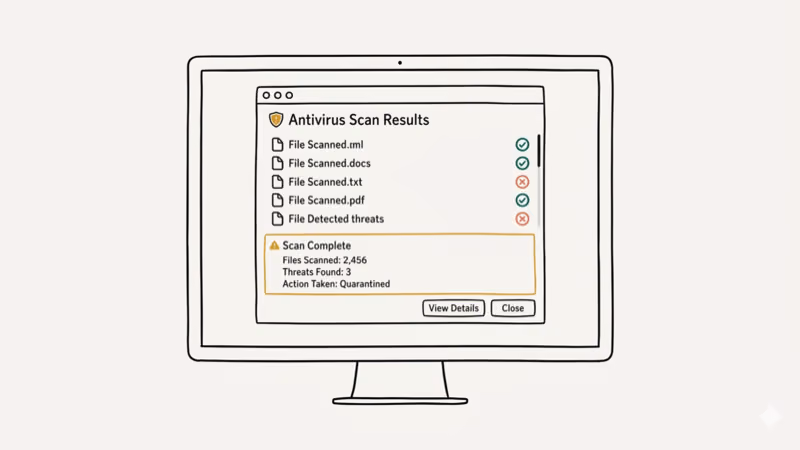 Antivirus scan results showing safe files and detected threats on a computer screen