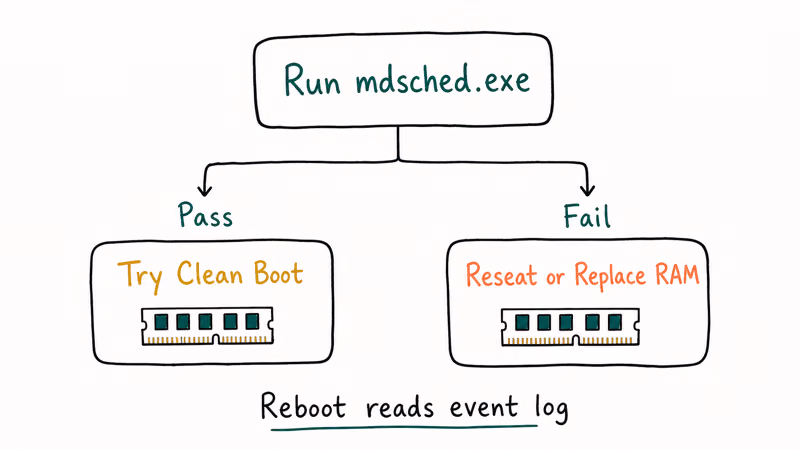 Decision tree from Windows memory diagnostic pass branch to clean boot and fail branch to reseat or replace