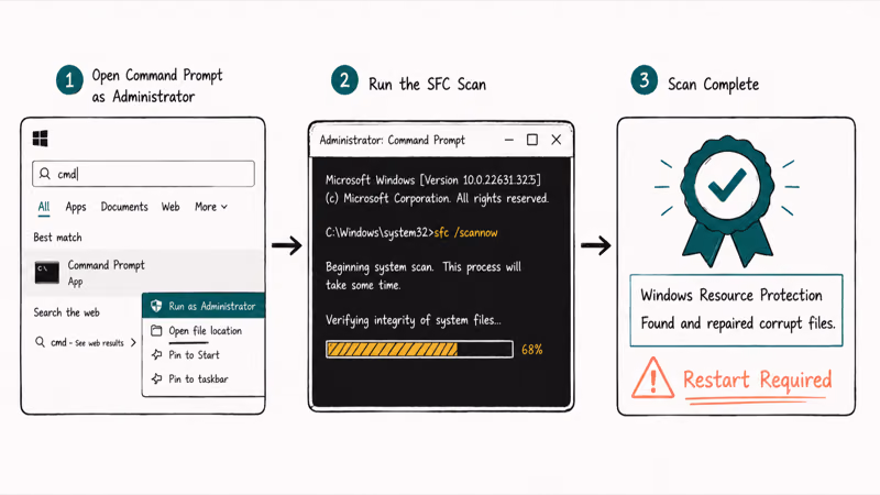 Three-panel flow running sfc scannow in admin command prompt seeing repaired files result and restart note