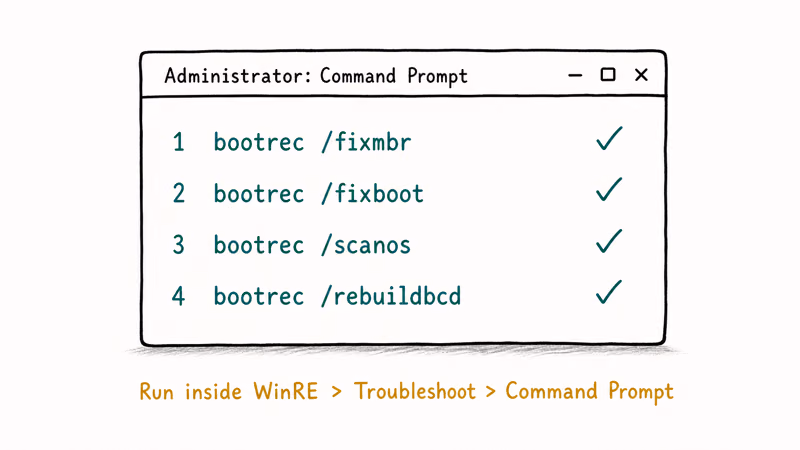Command Prompt illustration showing four bootrec commands in order to rebuild Windows boot configuration.