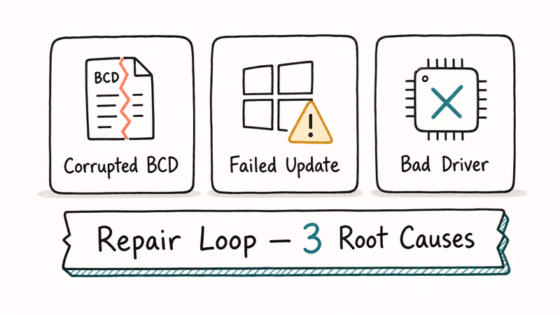 Three hand-drawn cards showing root causes of Windows 10 automatic repair loop with boot, update, driver icons.