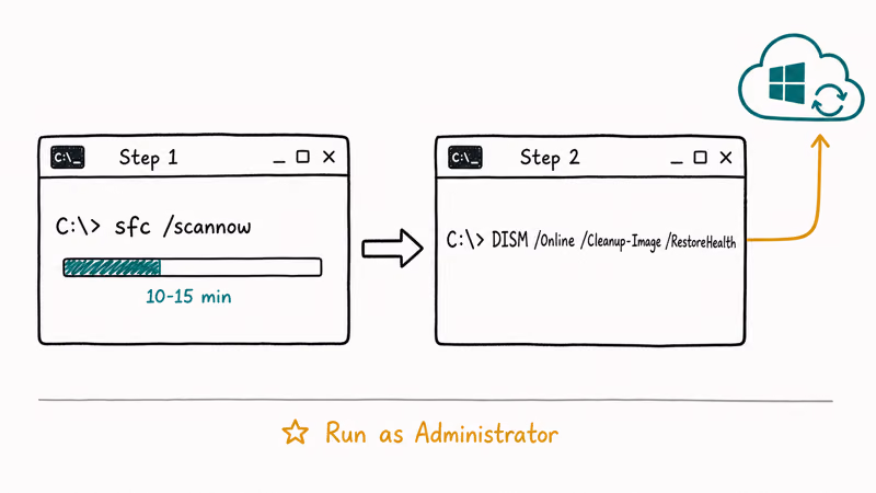 Hand-drawn flow showing SFC scan followed by DISM repair pulling files from Windows Update component store.