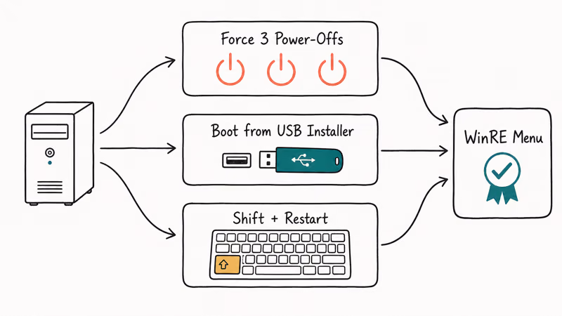 Hand-drawn flowchart showing three ways to enter Windows Recovery Environment from a stuck PC.
