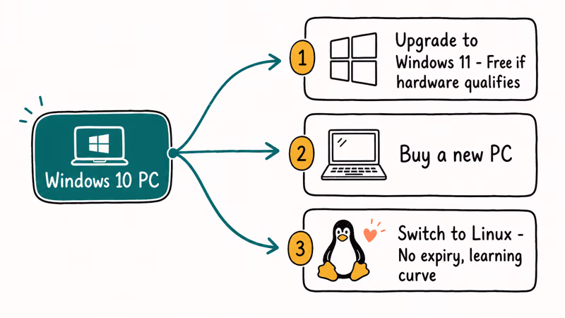 Three alternatives to ESU illustrated: Windows 11 upgrade, new PC purchase, Linux switch