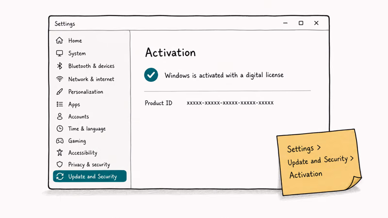 Hand-drawn Windows Settings window showing how to find the activation status under Update and Security.