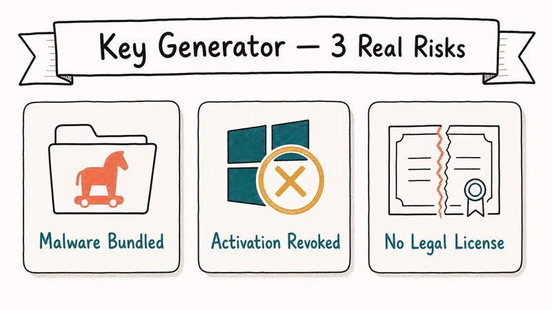 Three hand-drawn warning cards showing malware, revoked activation, and missing license risks of using key generators.