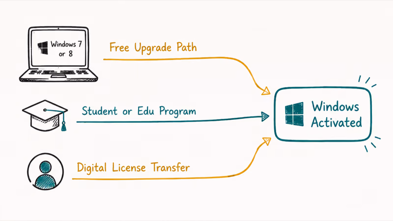 Three legitimate activation lanes converging on an activated Windows badge through upgrade, education, or account paths.