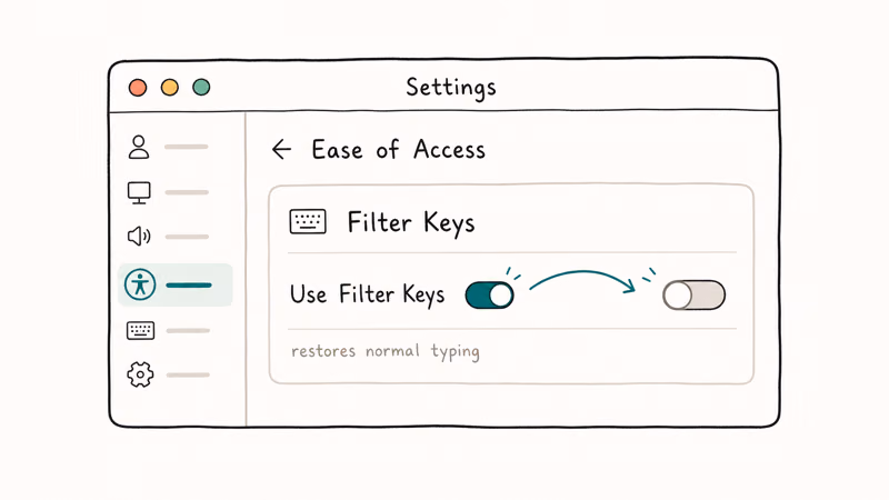 Hand-drawn Windows 10 Ease of Access keyboard settings showing the Use Filter Keys toggle flipping from on to