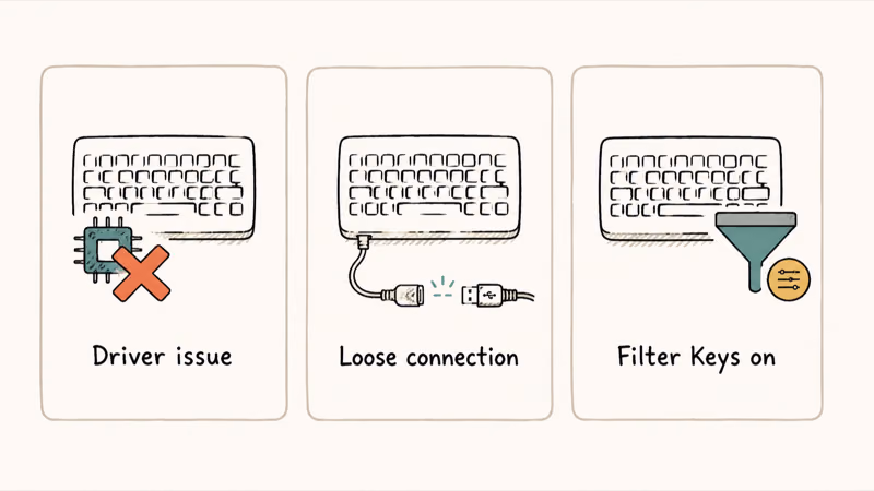 Hand-drawn three column visual of Windows 10 keyboard issue causes driver issue loose connection and Filter Keys turned