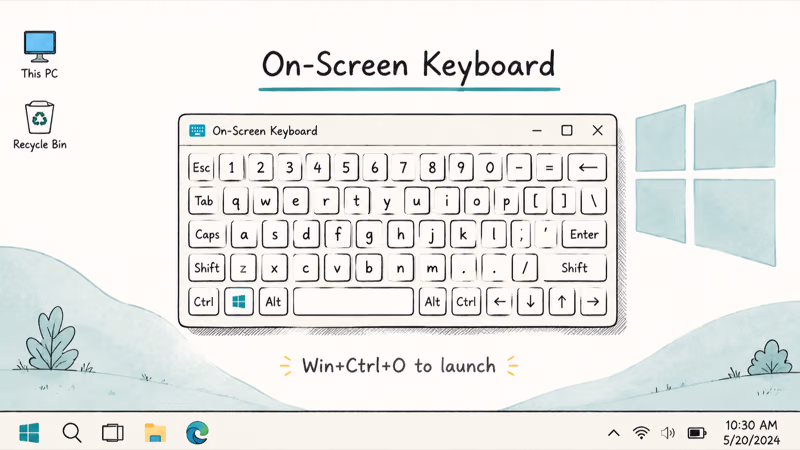 Hand-drawn Windows 10 desktop showing the On-Screen Keyboard floating in front with a tip Win Ctrl O to