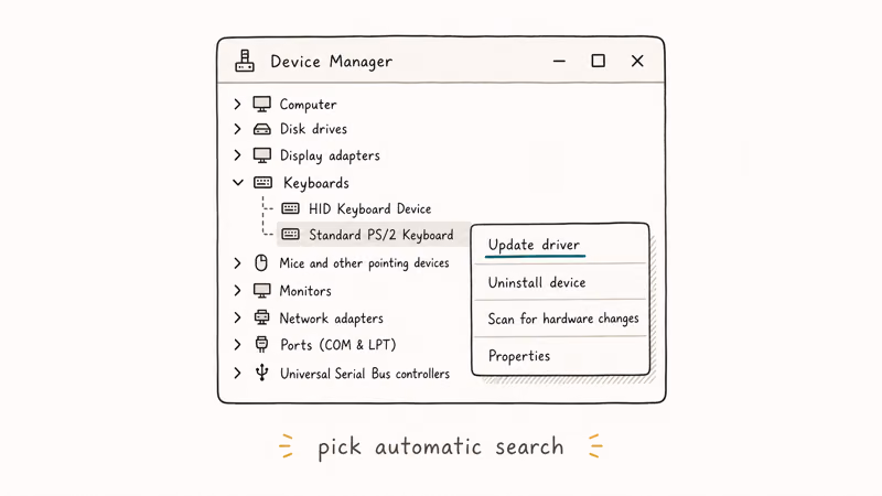 Hand-drawn Windows Device Manager Keyboards branch with right click Update driver option highlighted and pick automatic search note