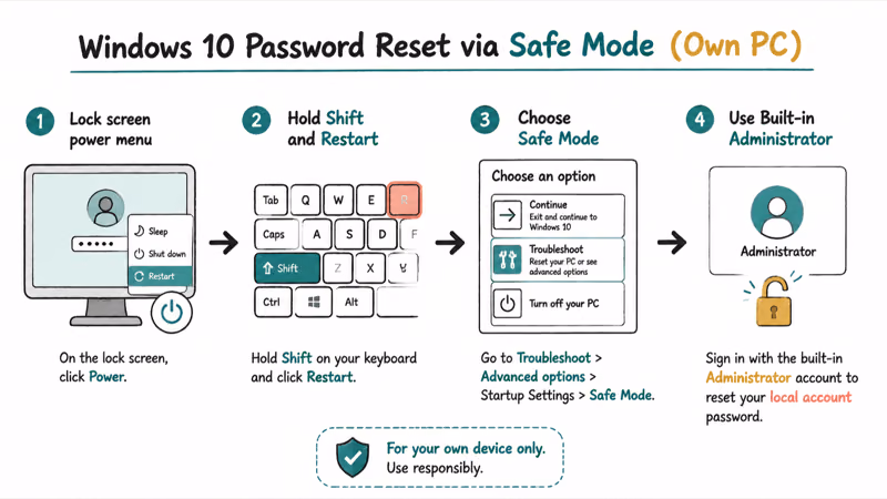 Windows lock screen Shift restart path into Safe Mode and built-in administrator account