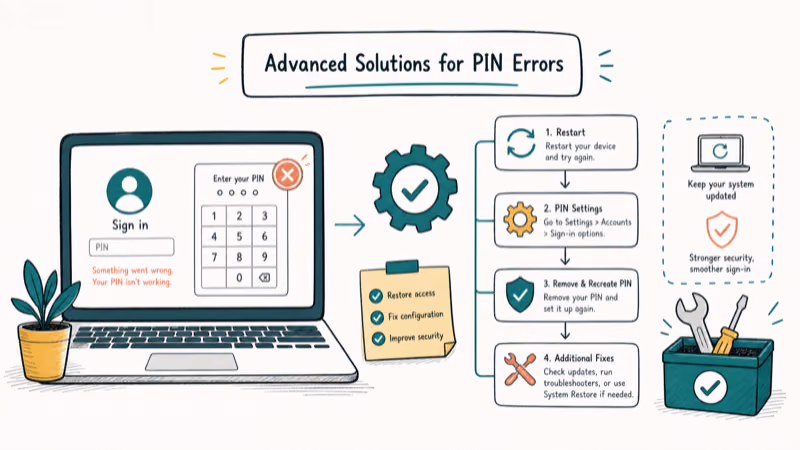 Hand-drawn illustration: Advanced Solutions for PIN Errors