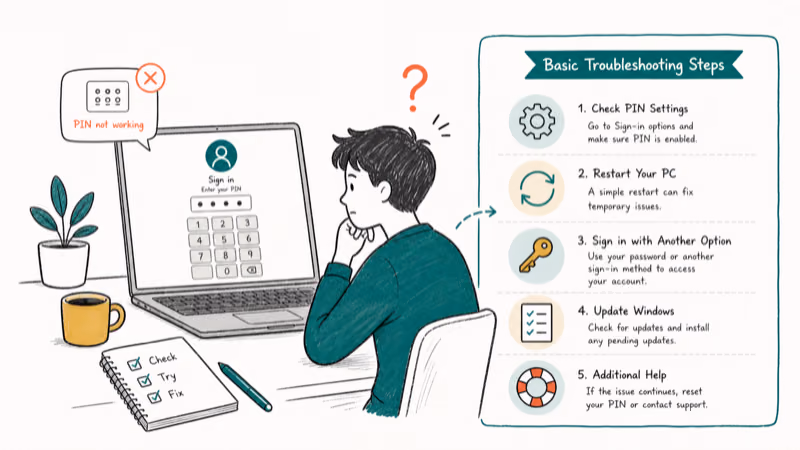 Hand-drawn illustration: Basic Troubleshooting Steps