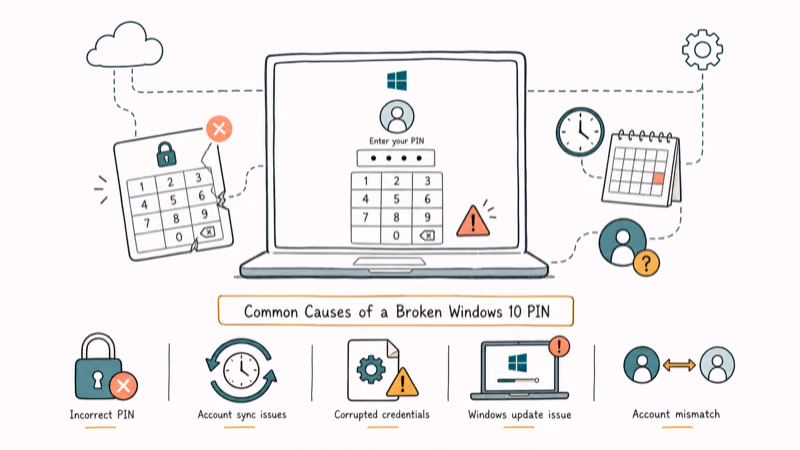 Hand-drawn illustration: Common Causes of a Broken Windows 10 PIN