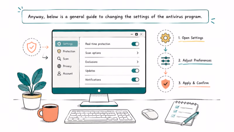 Hand-drawn illustration of Anyway, below is a general guide to changing the settings of the antivirus program.