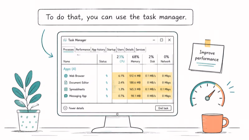Hand-drawn illustration of To do that, you can use the task manager.