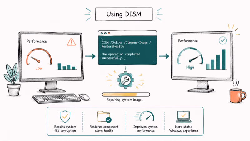 Hand-drawn illustration of Using DISM