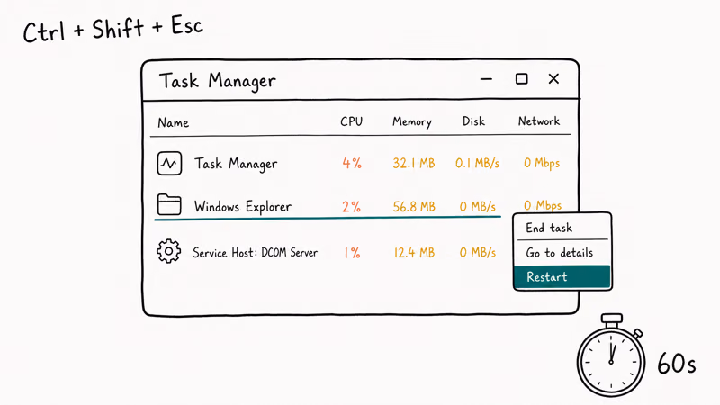 Task Manager window highlighting Windows Explorer with a right-click Restart menu and a 60-second stopwatch sketch