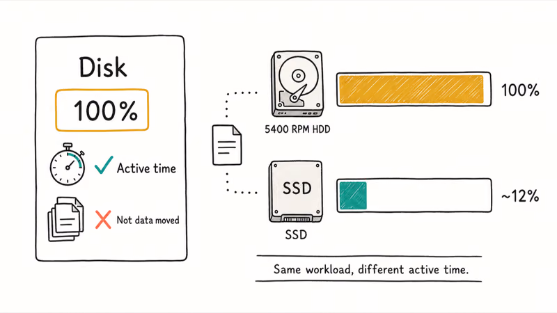 Task Manager disk active time gauge compared to SSD showing percentage of busy time not data transferred