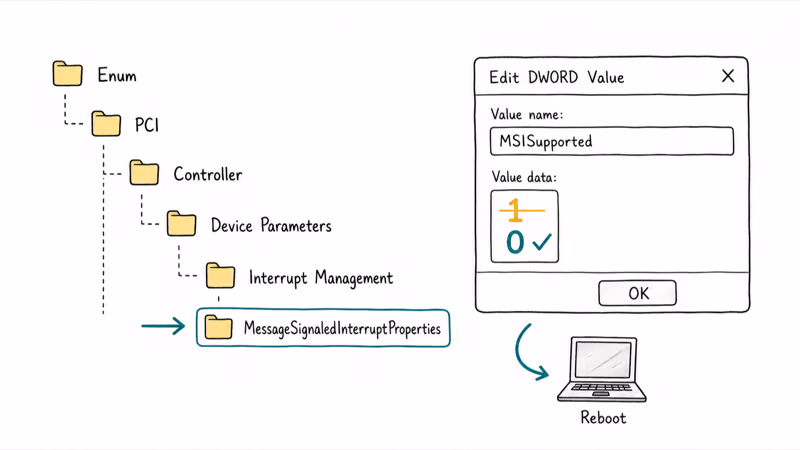 Registry editor StorAHCI MessageSignaledInterruptProperties path with MSISupported value changing from one to zero