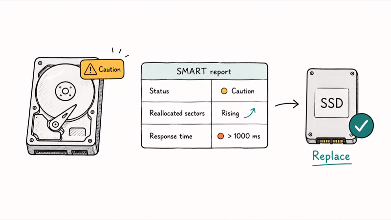SMART hard drive health report card showing caution status rising reallocated sectors and high response time