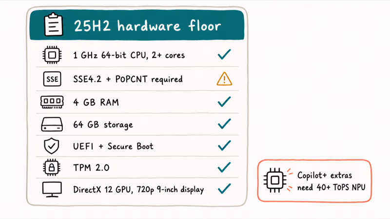 Hand-drawn checklist of Windows 11 25H2 hardware requirements with separate Copilot plus NPU badge.
