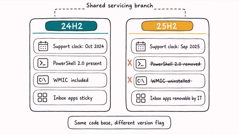 Side-by-side columns comparing Windows 11 24H2 and 25H2 with shared branch and removed legacy items.