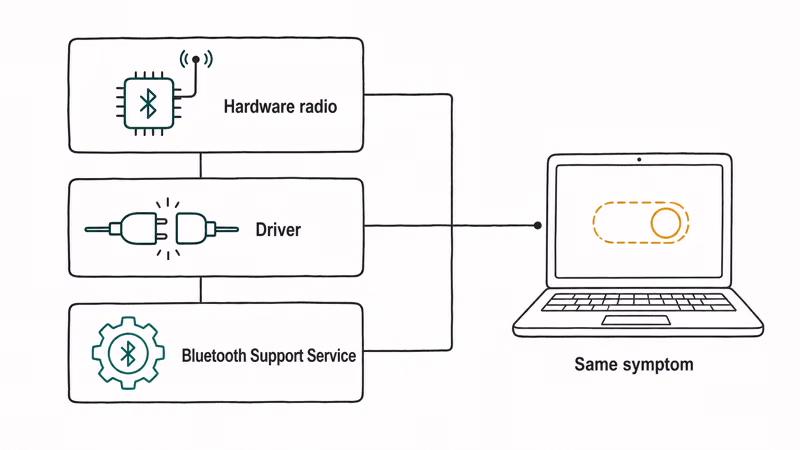 Three stacked layers showing Bluetooth hardware radio, Windows service, and driver connection