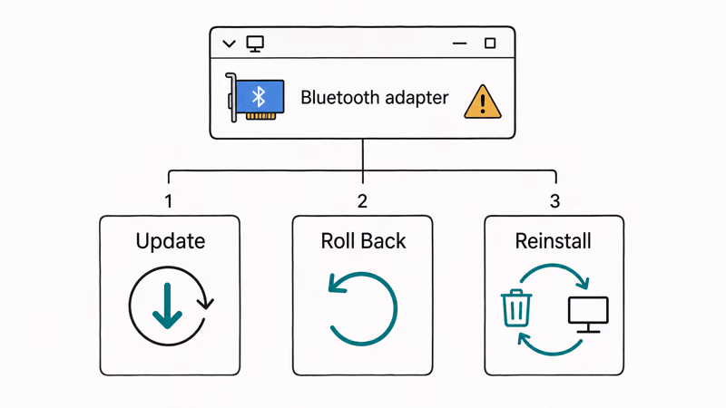 Three ordered driver actions update roll back and reinstall shown in Device Manager