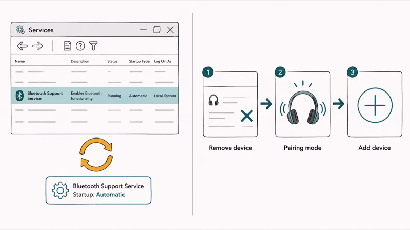Services window restarting Bluetooth Support Service next to remove and re-pair device steps