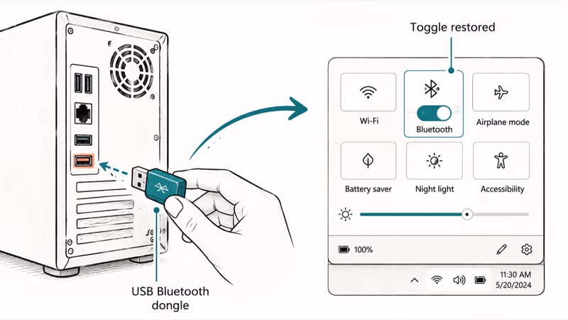 Small USB Bluetooth dongle plugged into a desktop port restoring the missing toggle