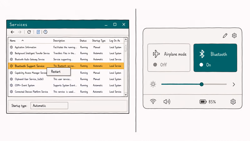 Restarting the Bluetooth Support Service in Windows beside an airplane mode tile turned off