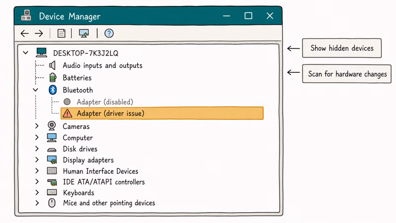 Windows Device Manager showing a disabled Bluetooth adapter and one with a yellow warning icon