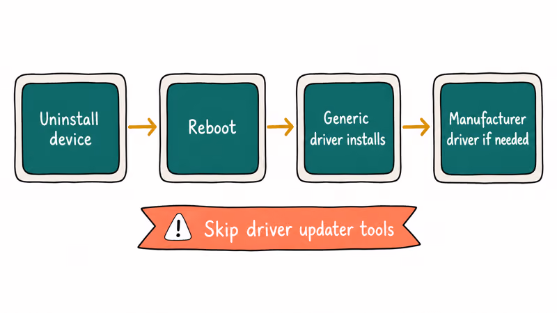 Four step flow for safely reinstalling a Windows 11 Bluetooth driver after uninstall