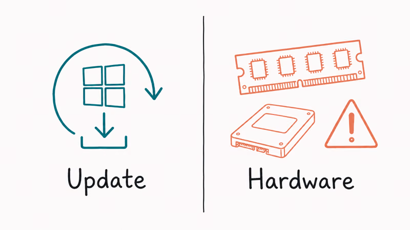 Split illustration contrasting a Windows update icon with physical hardware components