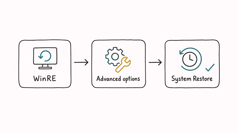Horizontal flow showing Windows recovery stages from WinRE to System Restore steps