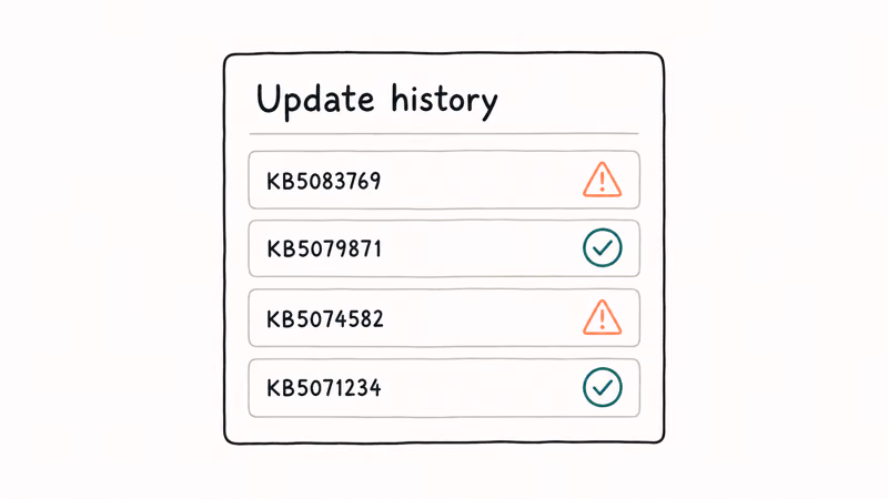 Windows update history list with KB numbers and warning markers on problem updates