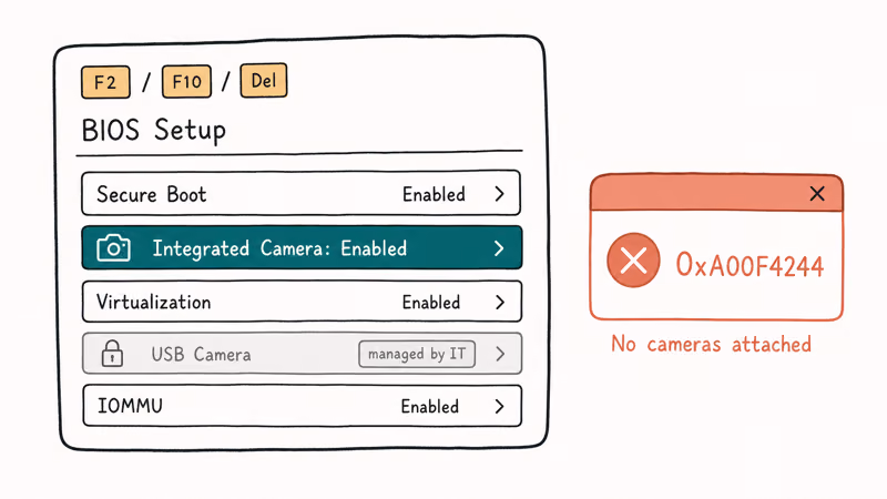BIOS screen enabling the integrated camera next to the 0xA00F4244 no camera attached error